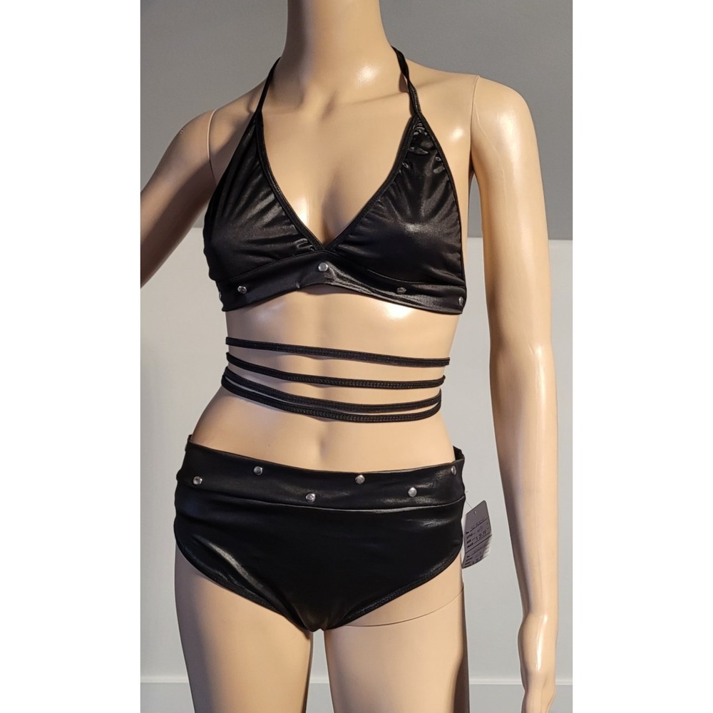 Woman Medium‎ Black Stretch Bikini Rhinestone Studs accent SL4004
